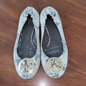Tory Burch Snakeskin Embossed Leather Minnie Travel Ballet Flats